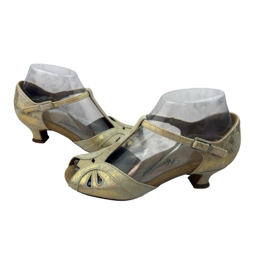 Diamant T-Strap Dance Shoes Girls Youth 3.5 Gold Metallic Leather Tango Salsa - Picture 9 of 16